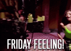 Celebrity gif. Mel B aka Scary Spice dancing excitedly, pumping her arms and moving backwards onto a staircase. Text, "Friday Feeling!"
