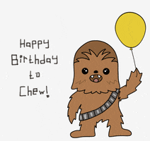 Cartoon gif. Chewbacca holds a yellow balloon next to text that says, "Happy Birthday to Chew."