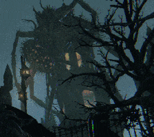 Video game gif. A cutscene from Bloodborne. A huge spider-like monster is on top of a tower and its legs move back and forth in all directions as it threatens us.