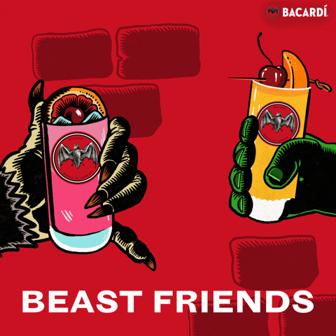 Sponsored gif. An illustrated image of two tumblers (both featuring the Bacardi logo) toasting in the middle of the screen. The hands holding the drinks clearly belong to a werewolf and Frankenstein's monster, and white lettering below the image reads "BEAST FRIENDS."