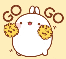 Kawaii gif. A pudgy bunny has pom poms in their hands and is cheering for us. Text, "Go, go!"