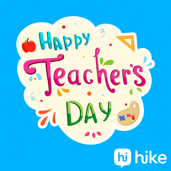 Gif s pohyblivým barevným nápisem "Happy teacher´s day" v bublině na modrém pozadí. 