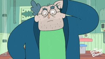 Cartoon gif. Balding man from the show The Strange Chores scratches his head quizzically and then raises both arms in a shrug as if to say, “Whatever.”