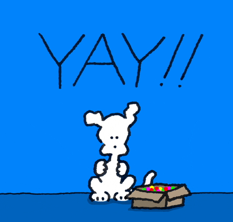 Modrá kreslená animace s bílým pejskem vyhazujícím barevné konfety z papírové krabice s nápisem "Yay!". 