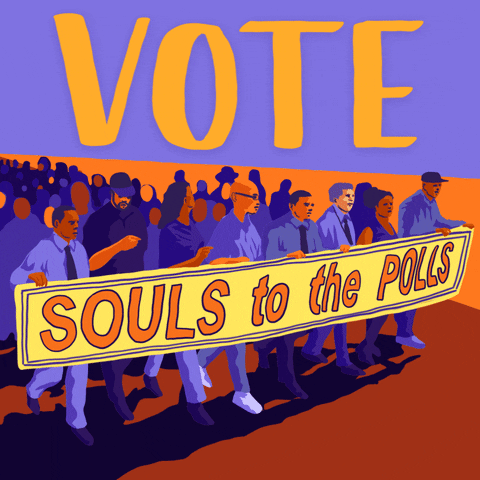 Illustrated gif. Minimalist depiction of a marade in purple and orange, on a background reminiscent of a sunset, the people holding a banner that reads "Souls to the polls. Vote."