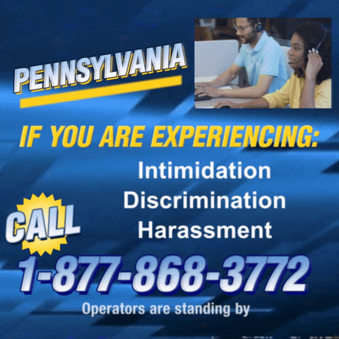 Text gif. Against a blue background that looks like a retro 1990s infomercial with a small video in the top right corner that shows two operators high-fiving. Text, “Pennsylvania, if you are experiencing intimidation, discrimination, harassment, call 1-877-868-3772. Operators are standing by.”