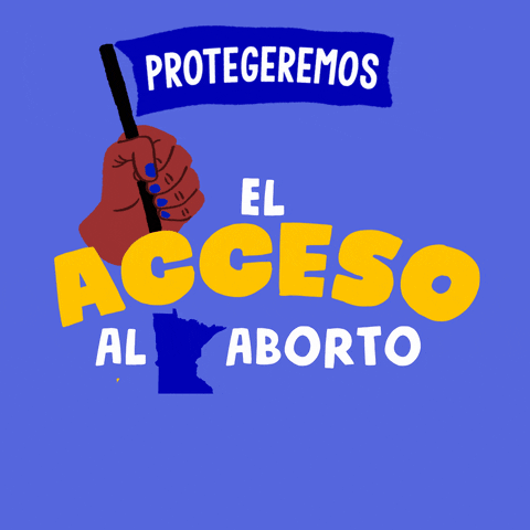 Text gif. Brown hand with blue fingernails in front of light blue background waves a blue flag up and down that reads, “Protegeremos” followed by the text, “El acceso al aborto Minnesota.”