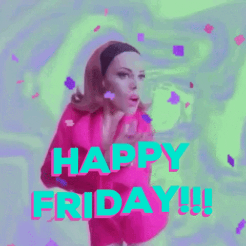 Video gif. A woman wears a hot pink jumpsuit as she spreads her hands and shakes her hips. A green and purple psychedelic background pulses as confetti falls. Text, "Happy Friday" 