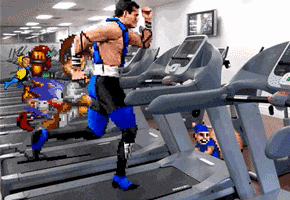 Video game gif. Pixelated game characters run vigorously on a row a treadmills.