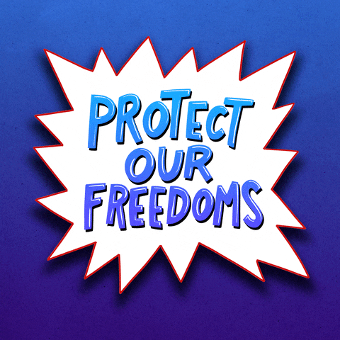 Text gif. White and red dodecagram on a ombre blue background, blue and purple bubble letters inside reading, "Protect our freedoms."