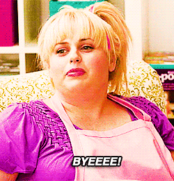 Movie gif. Rebel Wilson as Fat Amy in Pitch Perfect looks up awkwardly, shaking her head and saying a long drawn-out "byeeee."