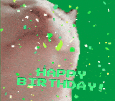 Digital compilation gif. Closeup of a real cat's face bobbing its head like it's jamming out to music. Digitized green and white confetti falls down the frame. Text, "Happy Birthday!"