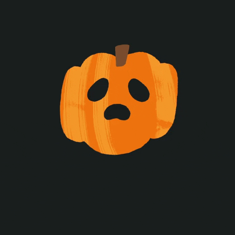 Illustrated gif. Cute cartoon pumpkin on a black background bounces up and down and squishes when it reaches the floor, its shape becoming wider and the face becoming scarier, returning to being cute when it bounces back up.