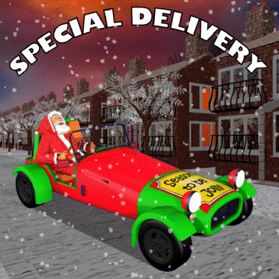 Digital art gif. Santa drives a long go kart car down a snowy street. Written on the hood of the car is “Season to be Jolly.” Over his head, text reads, “Special delivery!”