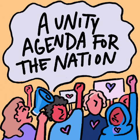 Illustrated gif. Protestors raise their fists and hold signs with pink and purple hearts. One shouts into a bullhorn beneath a word bubble that reads, "A unity agenda for the nation."