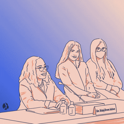 Digital art gif. Illustration of Ketanji Brown Jackson sitting at a desk during her confirmation hearing, two additional women sitting behind her and smiling. Text, "Working mom club."