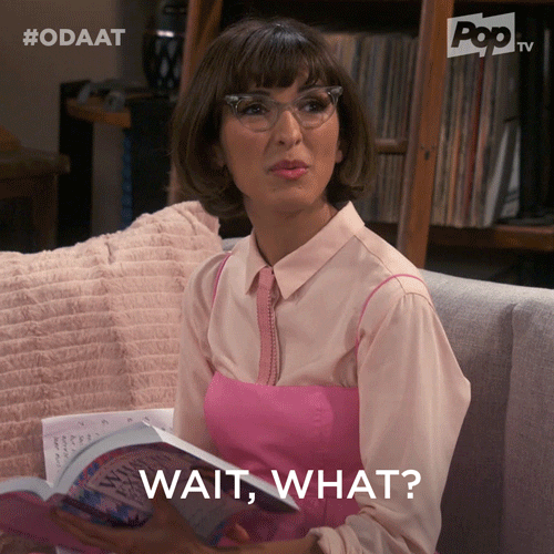 TV gif. India de Beaufort as Avery in One Day at a Time sets her book down, saying, "Wait, what?"