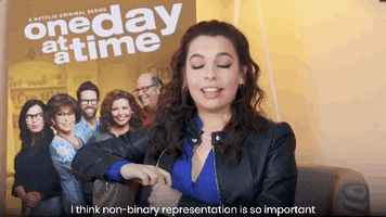Celebrity gif. Isabella Gomez sits for an interview for One Day at A Time. Text, "I think non-binary representation is so important."