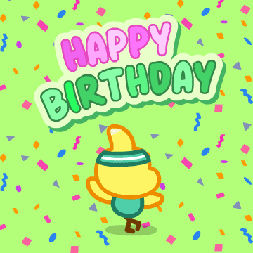 Illustrated gif. A dancing yellow dinosaur dressed in exercise clothes turns back and forth, dancing. Confetti streams down in the background and the text above them reads, "Happy Birthday!"