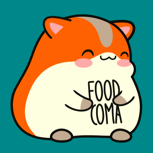 Cartoon gif. A happy Chibi hamster chews while rubbing its belly. Text on its belly: "Food coma."
