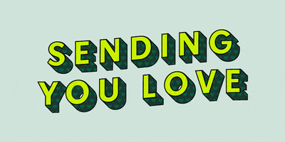 Text gif. Starbucks cup attached to a green balloon floats from right to left in front of green block text that reads, "Sending you love."