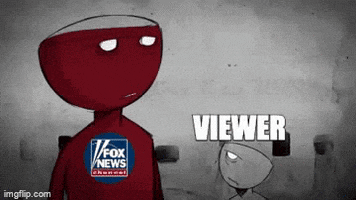 Meme gif. Cartoon of a person combined with a wine glass, full of red wine, tilts toward another wine glass person and pours their wine into the other person's head. The first person is labeled "Fox News," while the second person is labeled "viewer."
