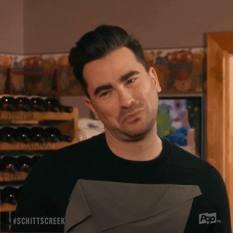 Schitt's Creek gif. Dan Levy as David wears a black and gray top. He smiles and glances to the side. Text, "Thank you so much."