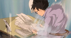 Anime gif. Jiro Horikoshi in The Wind Rises sits at a desk and writes with a pen on paper, as wind violently whips upwards around him, making his clothes thrash wildly, and pages from his desk fly away.