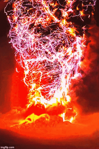 Digital art gif. A colorful 3D rendering of smoke and electrical bolts rising from lava.
