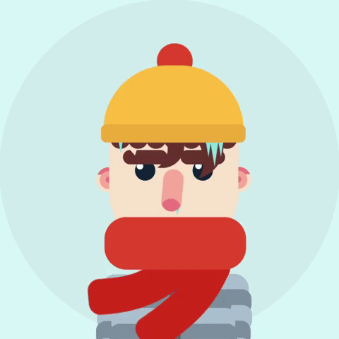 Digital art gif. A man wearing a striped shirt and a red scarf covering his mouth has a yellow beanie on. He is standing in the cold wind and icicles drips down from his hat and nose. 