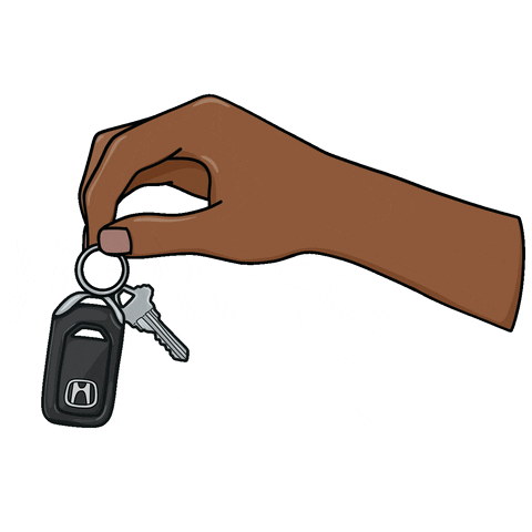 Cartoon gif. A hand holds out a key and fob for a honda on a keyring, dangling it up and down slowly.