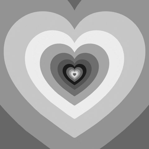 Illustrated gif. Grayscale infinitely expanding hearts spreading out concentrically.
