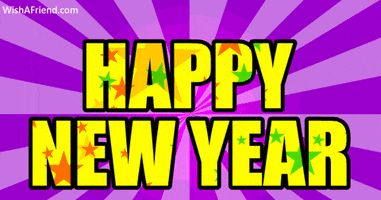 Text gif. Yellow bold text with colorful stars rests on rotating rays of purple. Text, "Happy New Year."