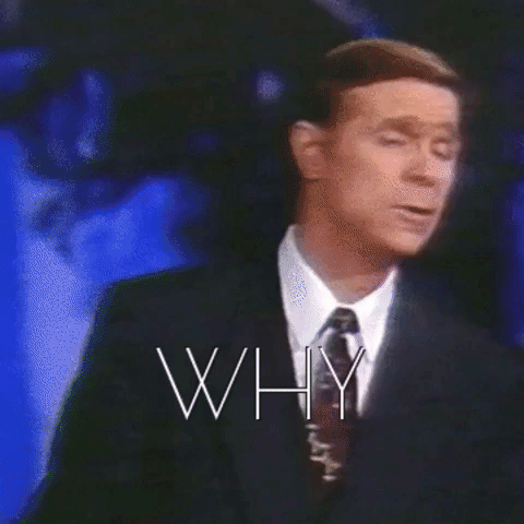 Video gif. A vintage shot of a man giving a speech on stage and he says, "Why?" in many different angles and cuts, and the emphasis on the why gets bigger and bigger through the scenes.