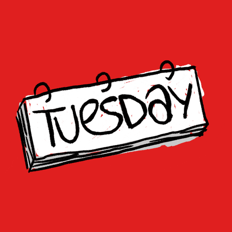 Illustrated gif. Text reading, "Tuesday" is scrawled in black handwriting across a long, rectangular spiraled notepad. As the pages flip over the top, we see each page has "Tuesday" written on it.