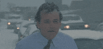 Movie gif. Bill Murray as Phil in Groundhog Day shivers with snow on his head in a wintery haze. Cars are stranded and covered with snow behind him. Text, "What blizzard? It's a couple of flakes."