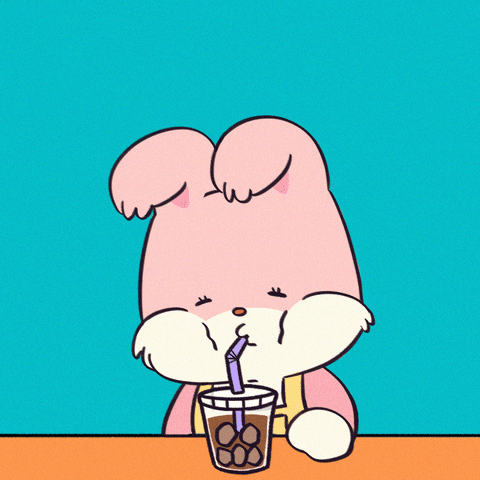 Illustrated gif. Pink fluffy bunny sucks down an iced coffee with eyes closed. Yellow block text zooms in from the side, "Morning."