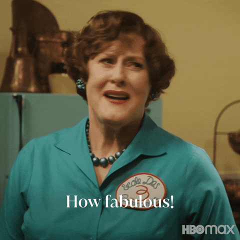 TV gif. Sarah Lancashire as Julia Child in Julia turns with a shake of her head as she earnestly says, "How fabulous!"