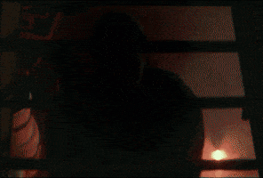Movie gif. Michael Myers from Halloween is staring at us from a window and flames lick the room behind him.