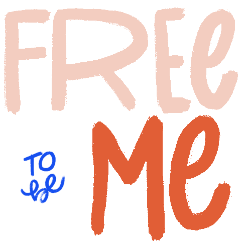 Digital art gif. The words, "free to be me" quiver in front of us in cream, blue and red all-caps font.