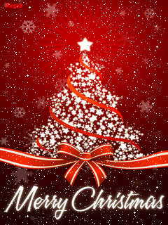 Illustrated gif. Little white stars form the shape of a Christmas tree. A red ribbon wraps around it and is tied in a large bow to the base of the tree. A large white glowing star sits on top of the tree. Snowflakes of different shapes decorate the background and smaller snowflakes fall down like it’s snowing. In elegant cursive font, the text reads at the bottom, “Merry Christmas.”