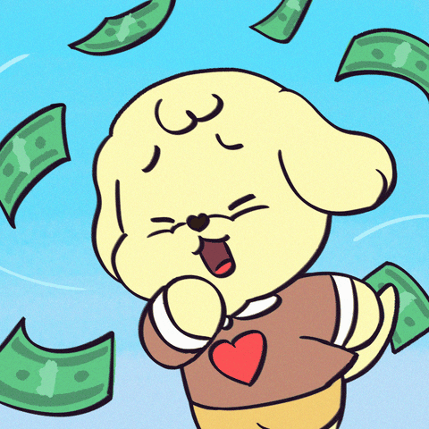 Kawaii gif. Puppy character from Muffin and Nuts running with eyes closed and mouth open as dollar bills swirl around.