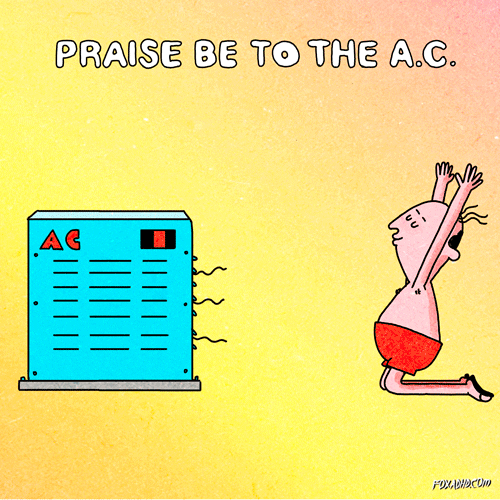Digital art gif. A shirtless man is prostrating himself in front of the AC unit, which is blowing steadily. Text, "Praise be to the A.C."
