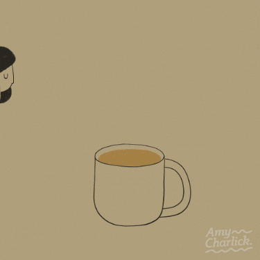 Digital illustration gif. Tired woman walking over to a giant mug of coffee and falling into it. She plugs her nose and let's herself sink into the liquid until she disappears.