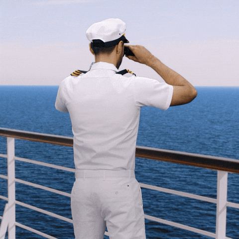 Celebrity gif. Hasan Minhaj on a ship at sea wears a captain's uniform and looks through binoculars. Turning around, he looks straight at us and smiles. Text appears, Welcome Aboard!"