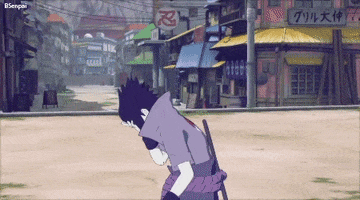 Anime gif. As Sasuke Uchiha from Naruto Storm 4 turns, the perspective zooms intensely toward his left eye.