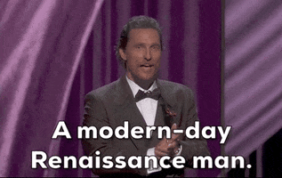Oscars 2024 GIF. Matthew McConaughey says, "A modern-day Renaissance man" before pausing and dramatically pointing while saying, "Nothing better describes you, sir."