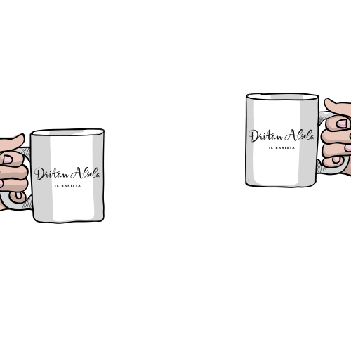 Ad gif. Illustration of two hands clinking together their white mugs with the Dritan Alsela logo on them. Text pops up and reads, "Happy coffee day!"