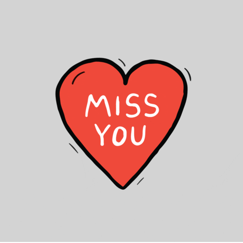 Text gif. The words "miss you" sit inside a beating red heart cartoon that throbs against a grey background.