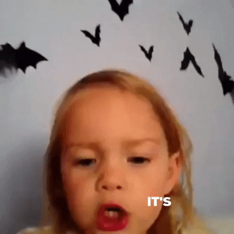 Video gif. A toddler girl stands beneath a wall decorated with paper bats and furrows her brow as she says, "It's frickin bats. I love Halloween."